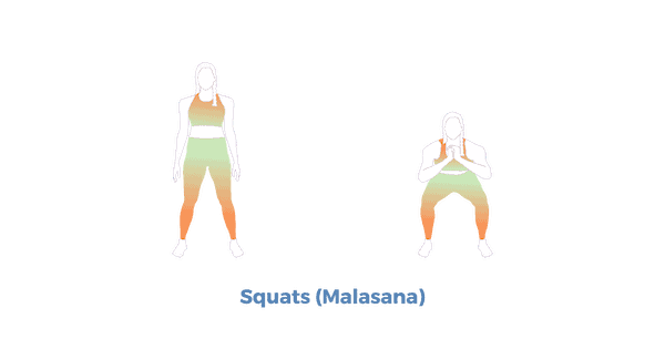 A woman practicing Malasana, or squats, as part of her yoga for Lower Cross Syndrome