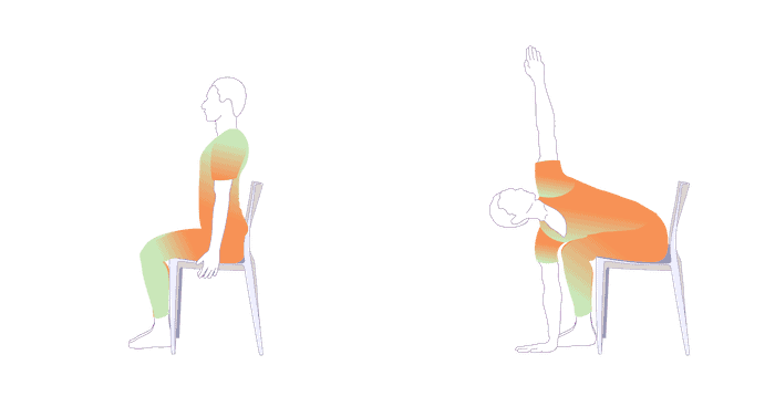 A man performing Extended Side Angle Pose while seated as part of a chair yoga routine