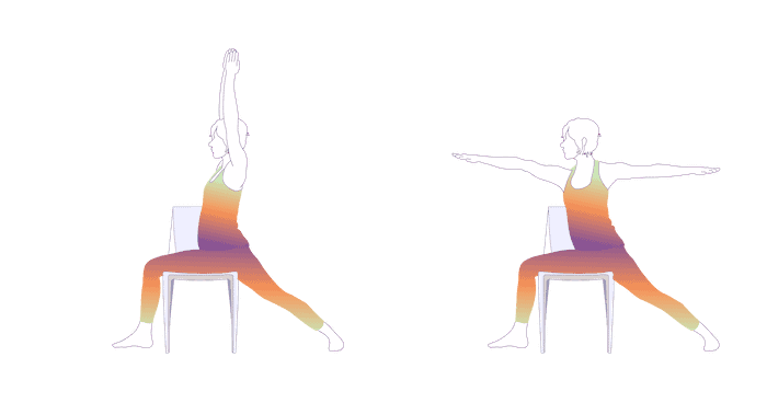 A person practicing Warrior II Pose modified for chair yoga